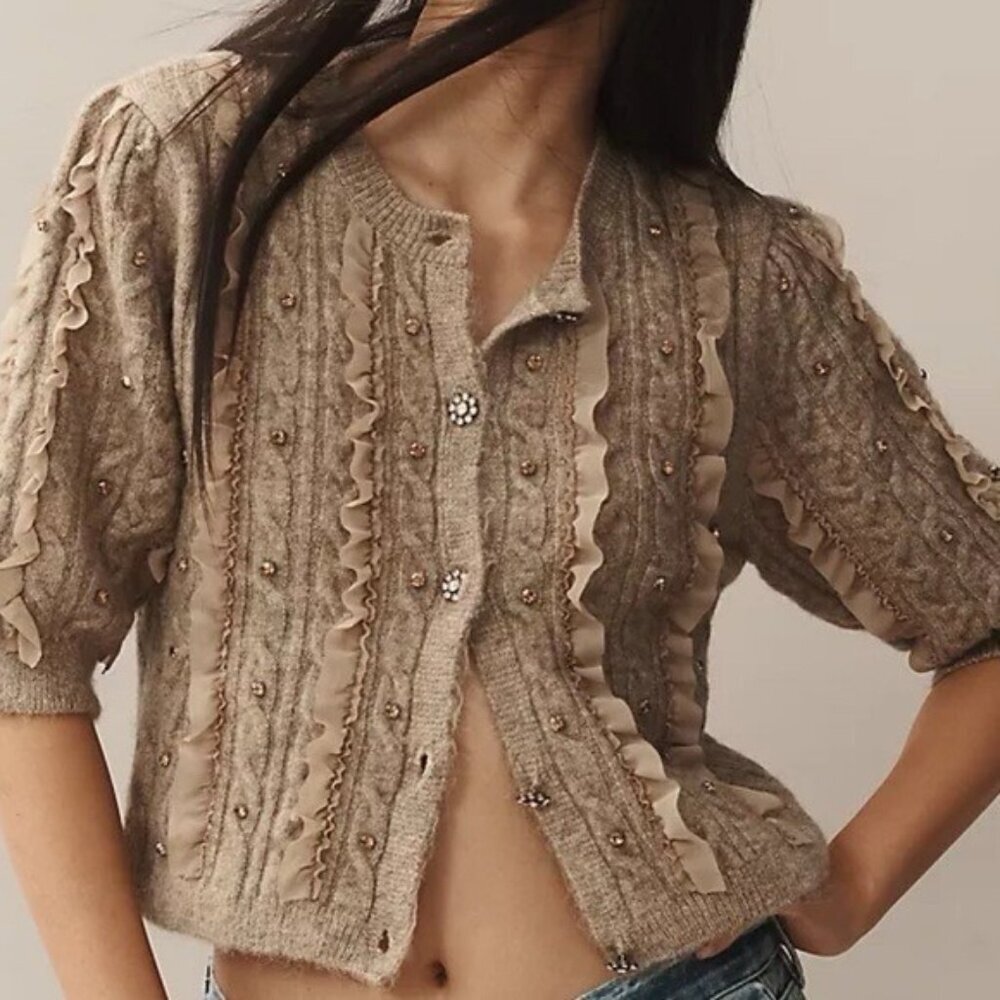 NWT Size S - Maeve Short-Sleeve Embellished Ruffled Cardigan  (NWT US$ 128)